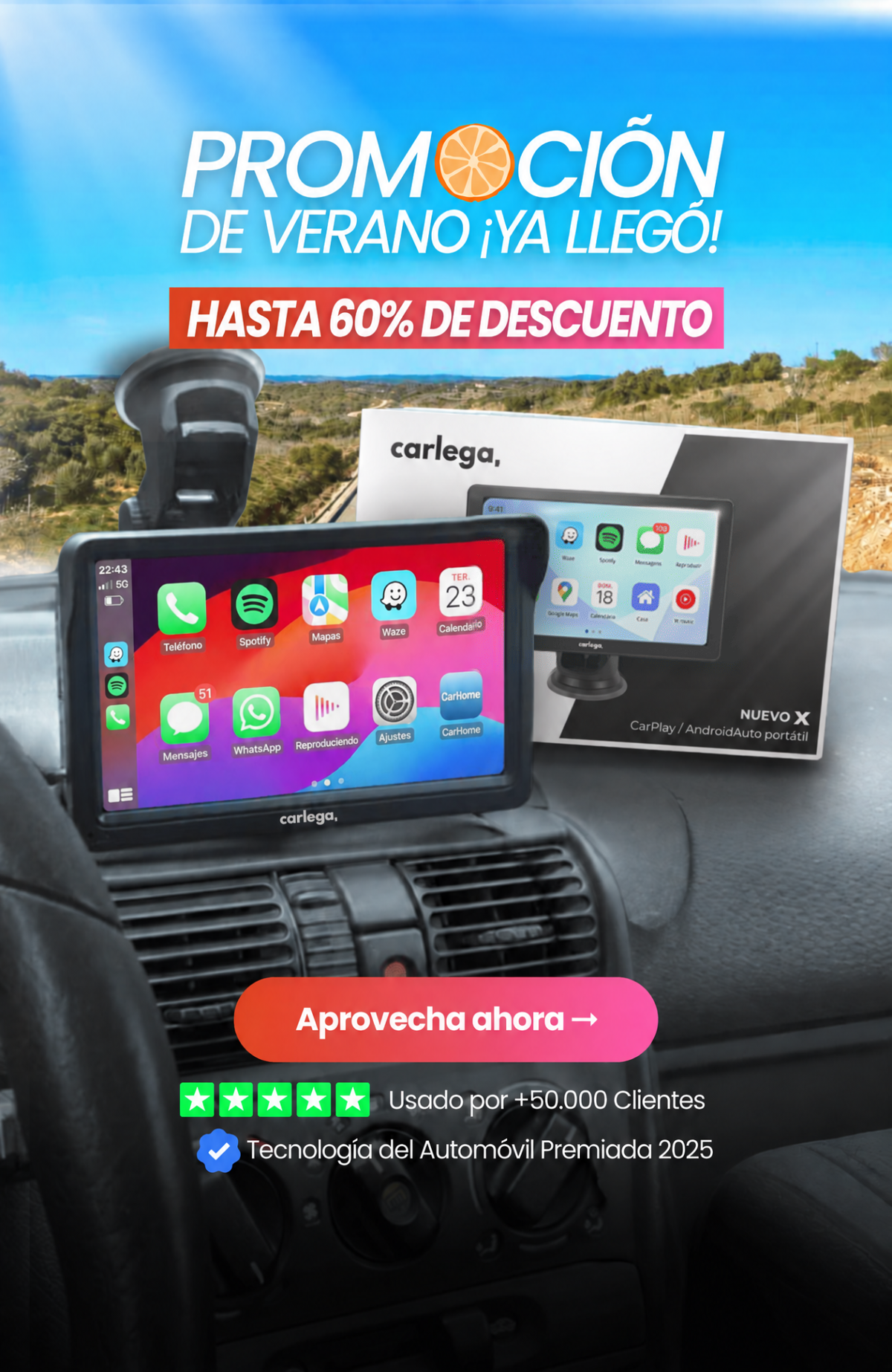 Carlega: promoción de verano con hasta 60% de descuento en la pantalla CarPlay Carlega X, usada por más de 50.000 clientes