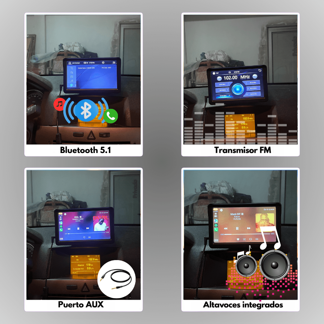 Pantalla Carlega PRO con Bluetooth 5.1, transmisor FM, puerto AUX y altavoces integrados