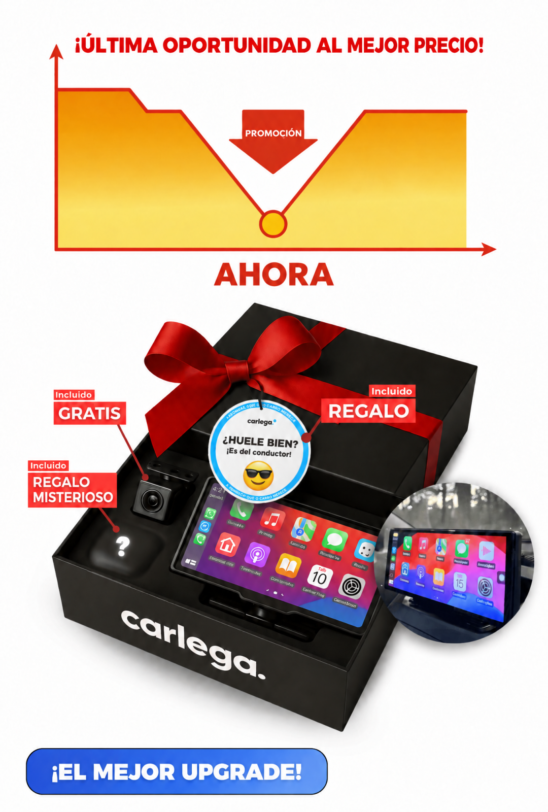 Pantalla Carlega PRO en caja regalo con cámara gratis, ambientador y regalo misterioso: última oportunidad al mejor precio
