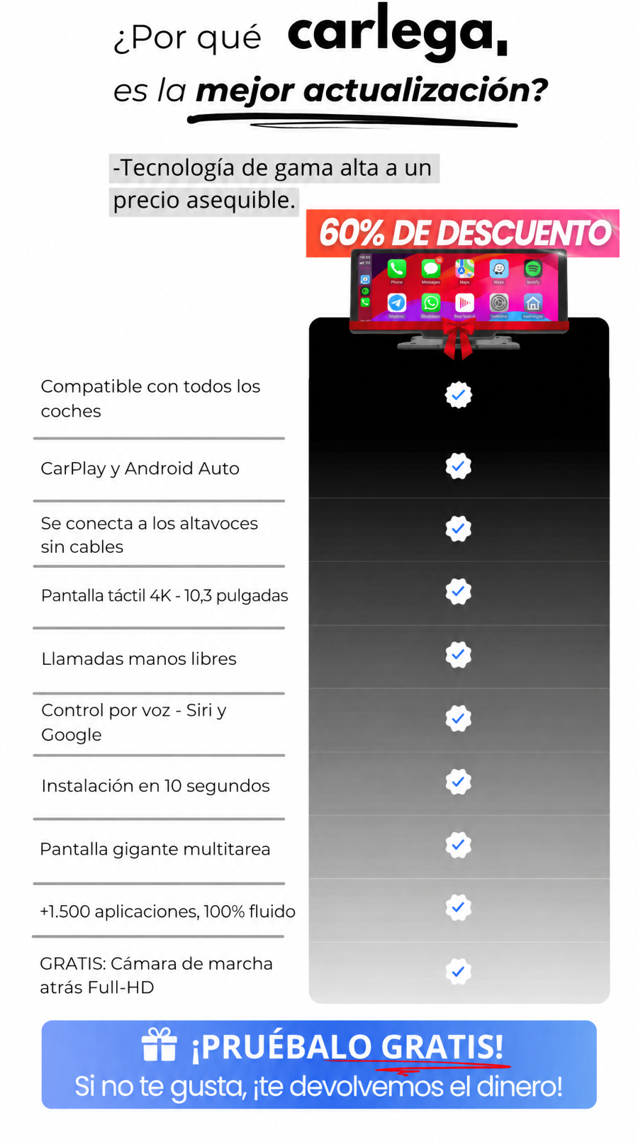 Tabla comparativa: por qué la pantalla Carlega PRO es la mejor actualización, pantalla táctil 4K de 10,3 pulgadas y cámara de marcha atrás gratis