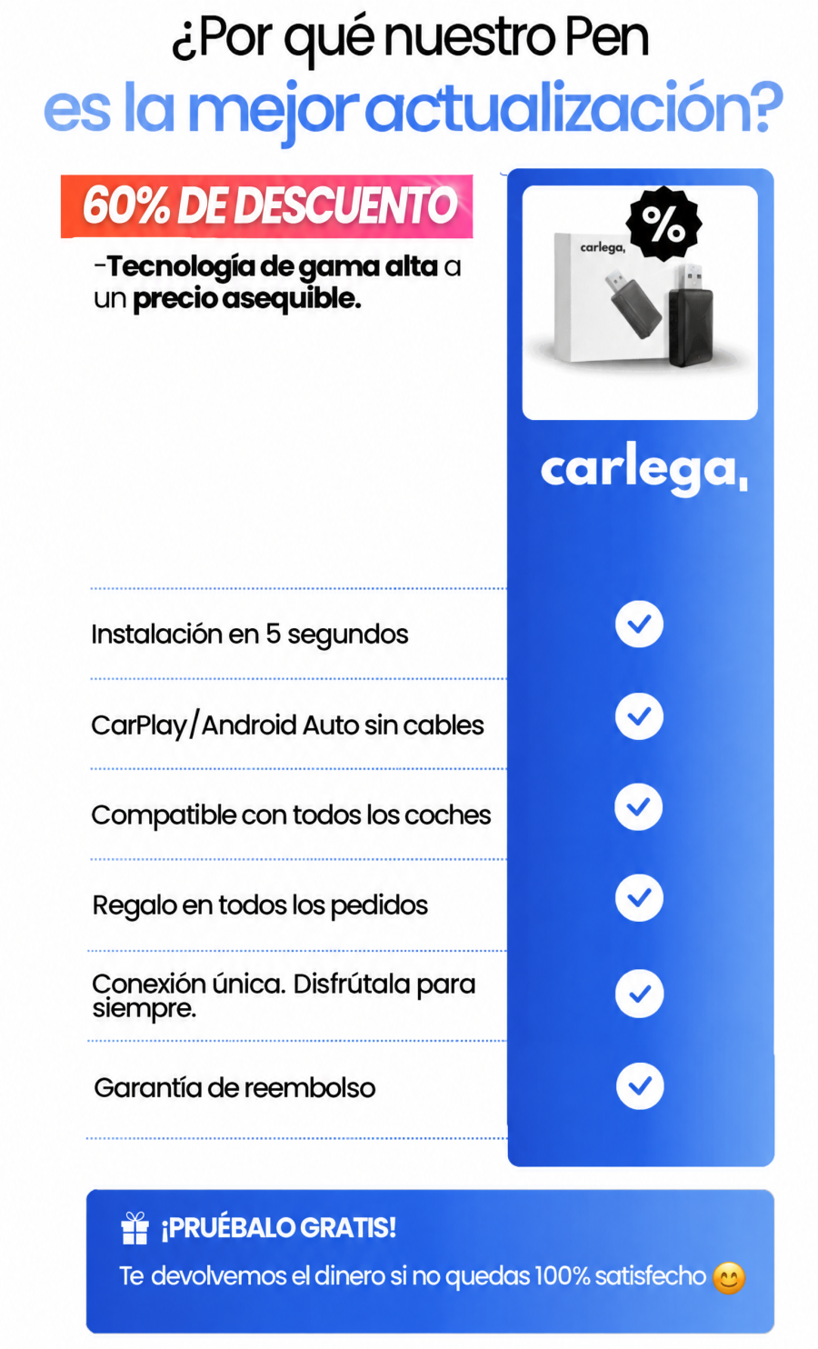 Tabla comparativa: por qué el adaptador CarPlay inalámbrico Carlega Pen es la mejor actualización, instalación en 5 segundos y garantía de reembolso