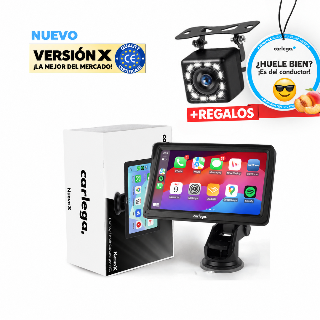 Pantalla CarPlay portátil Carlega X versión X con su caja, cámara de marcha atrás y ambientador de regalo