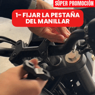 Instalación de la pantalla para moto Carlega Bike: fijar la pestaña al manillar, encajar la pantalla y apretar