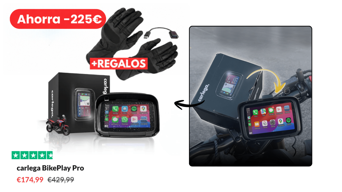 Pantalla CarPlay para moto Carlega BikePlay Pro: ahorra 225 €, con guantes de regalo